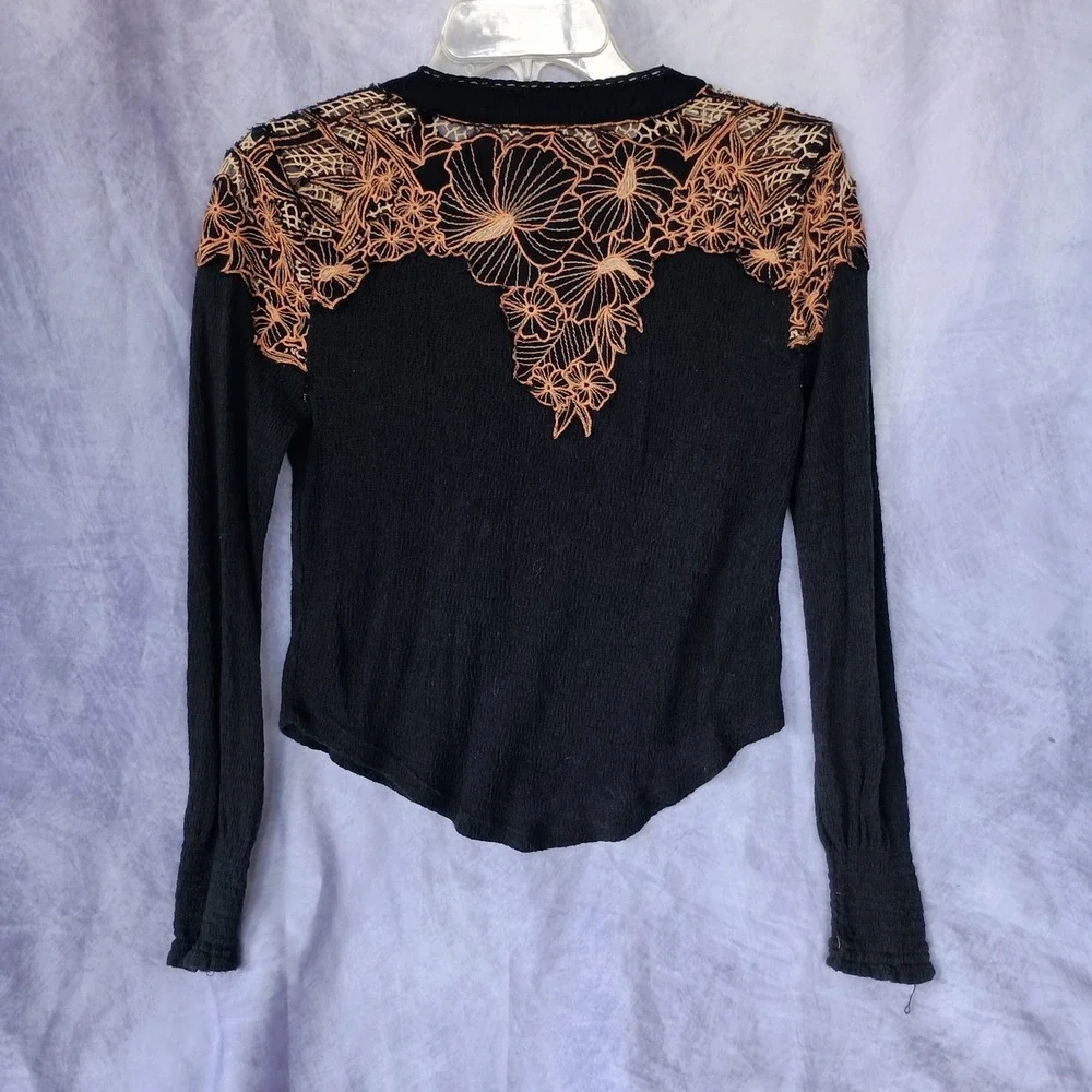 Free People Floral Lace Thermal Top Black Long Sleeve Boho Henley